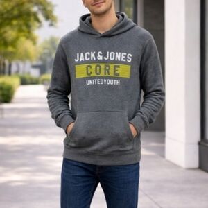 Jack & Jones Core Gray Graphic Hoodie Sweater Men’s S Slim Fit